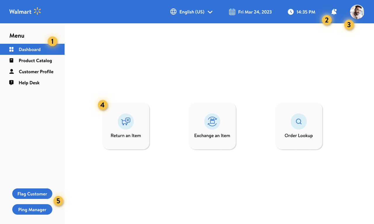 Annotated Walmart associate's screen displaying their dashboard with left side bar of main application menu and 3 large buttons for Return an Item, Exchange an Item, and Order Lookup.