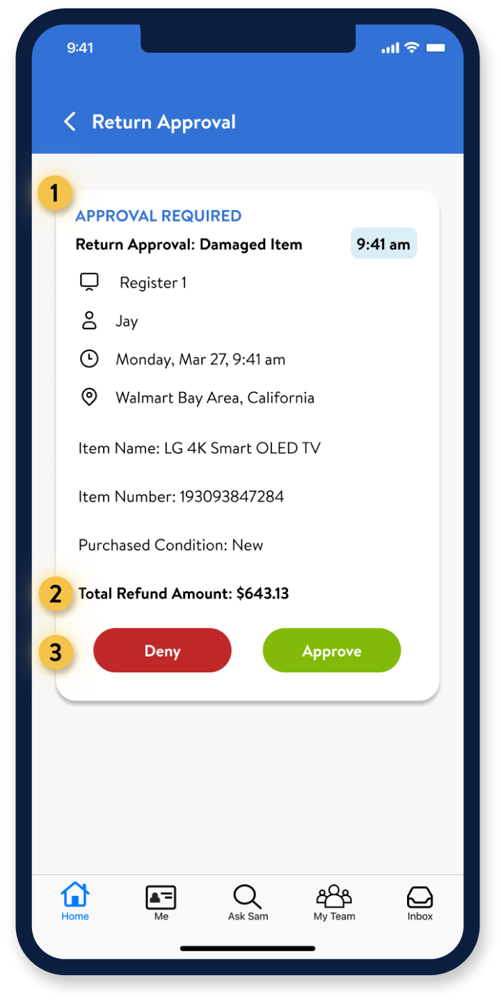 Annotated Walmart Manager's mobile screen of app displaying the approval in progress card with all relevant order details and buttons for deny and approve.