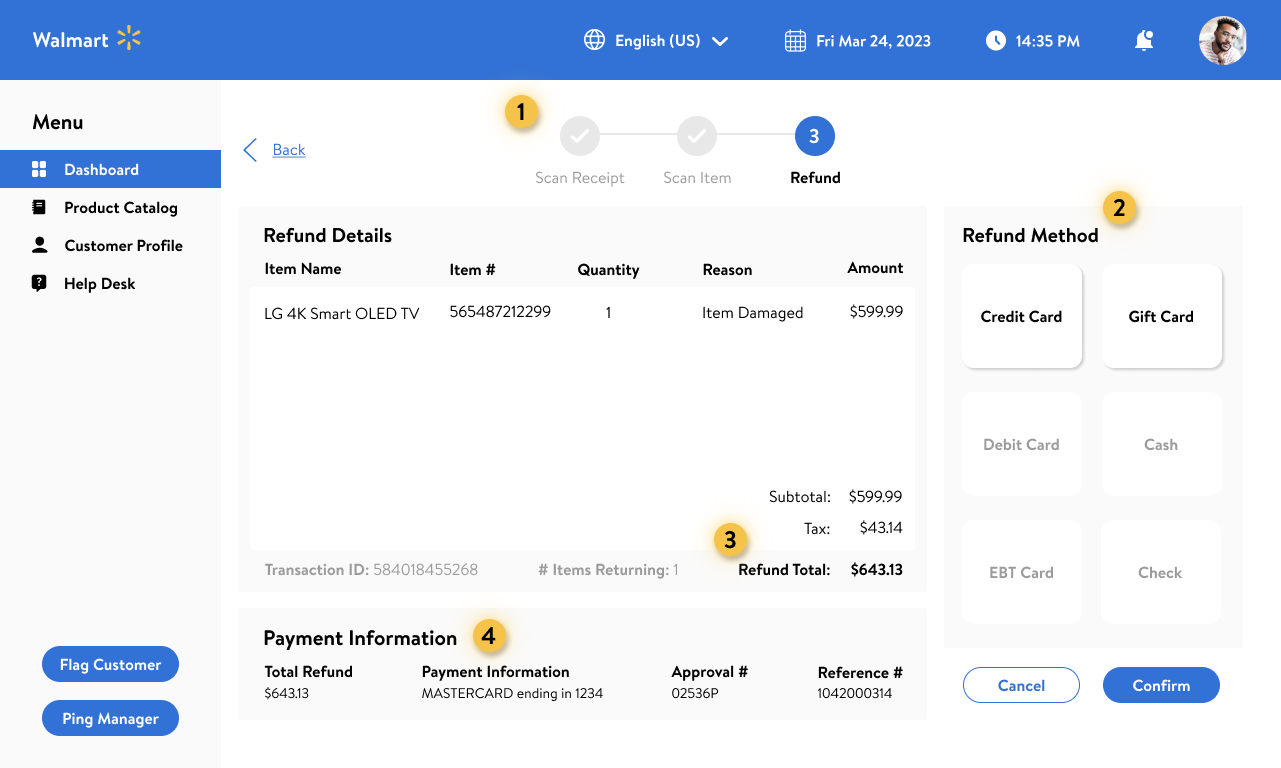 Annotated Walmart associate's screen focused on customer's refund details and options to choose which payment method they want their refund to go to.