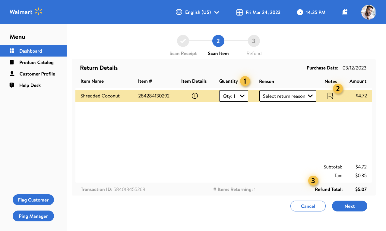 Annotated Walmart associate's screen focused on customer's return details and option to specify quantity and reason for return per item.