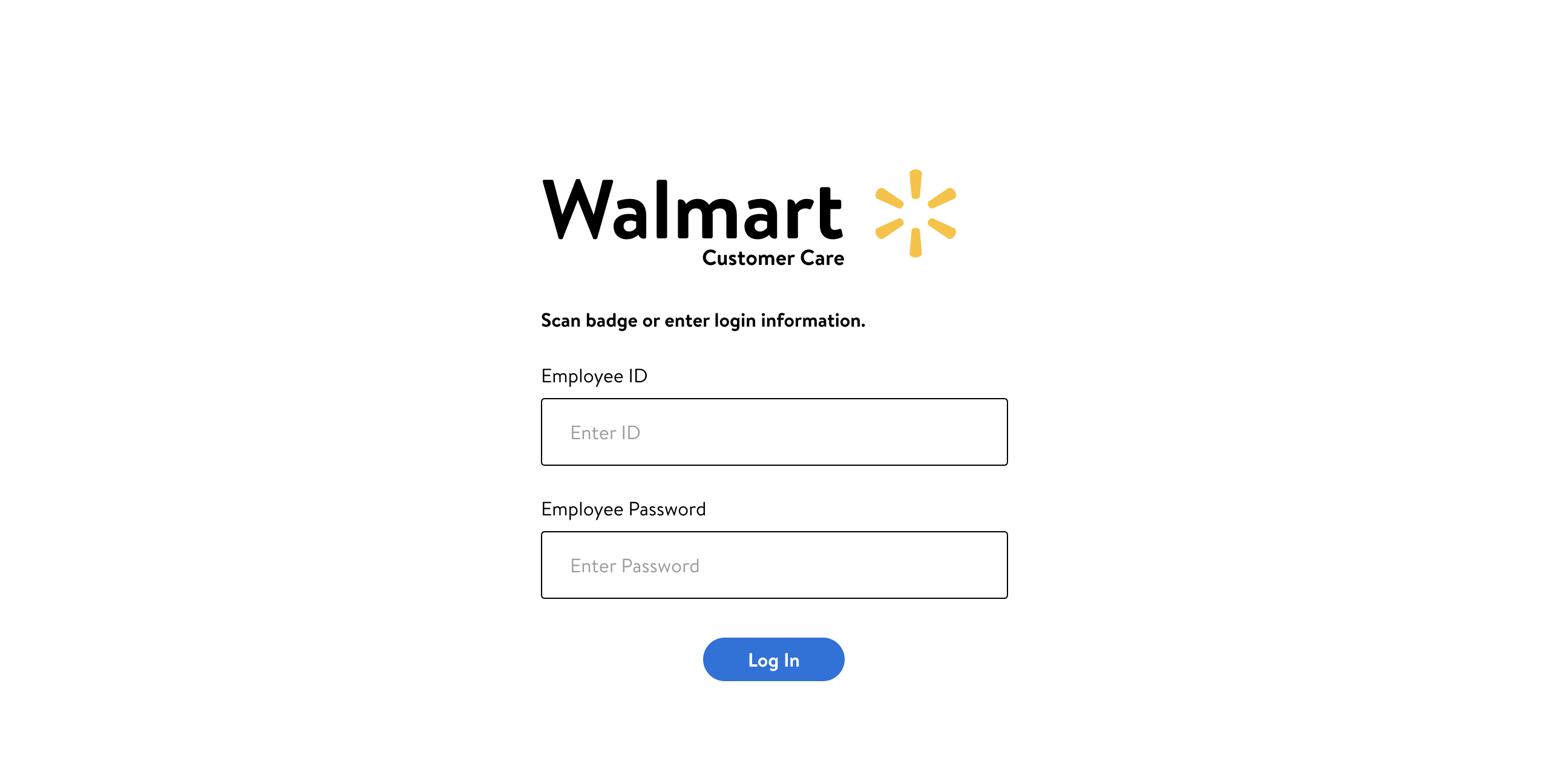 Walmart associate's screen displaying login fields for Employee ID and Employee Password.