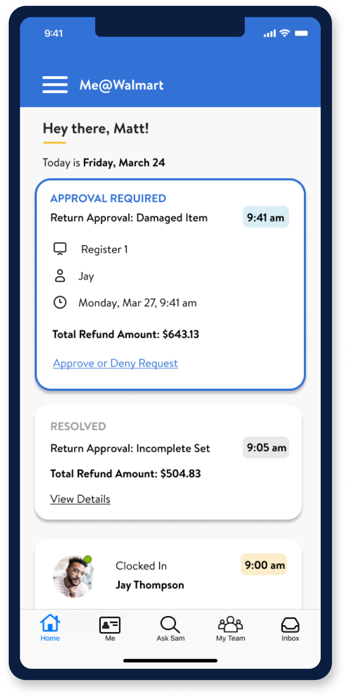 Hi-fidelity mockup of the mobile manager dashboard.